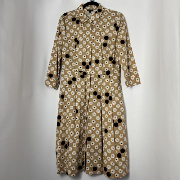 TALBOTS Womens Midi Shirt Dress Tan Daisy Polk Dot Floral Print Size 8 Retro - Picture 3 of 10